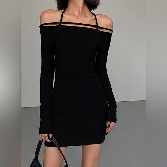 Hot Black Off-the-Shoulder Halter Dress, Long Sleeve Slim Fit Bodycon (new) - Picture 5 of 6